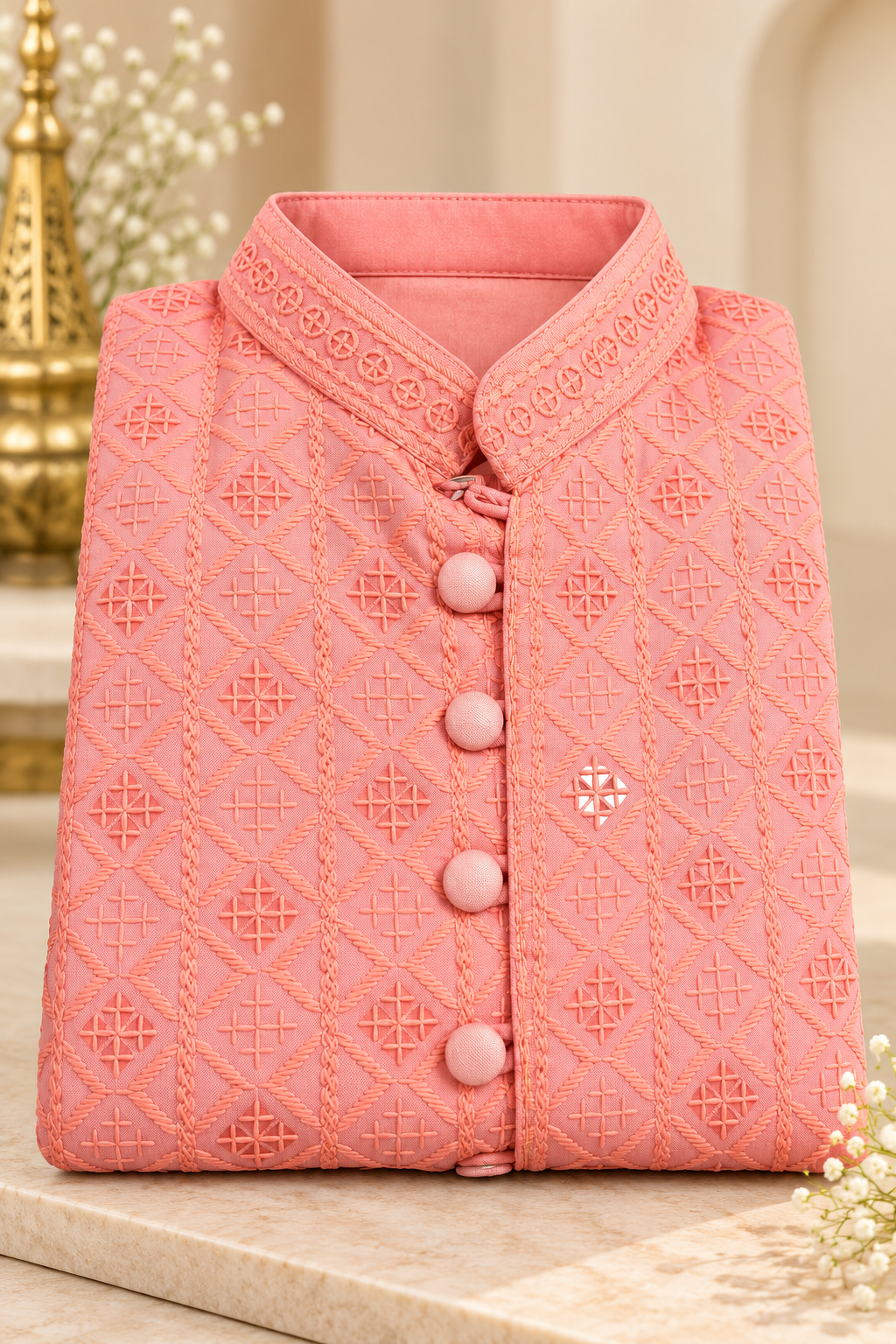 Peach Chikankari Kurta Set for boys