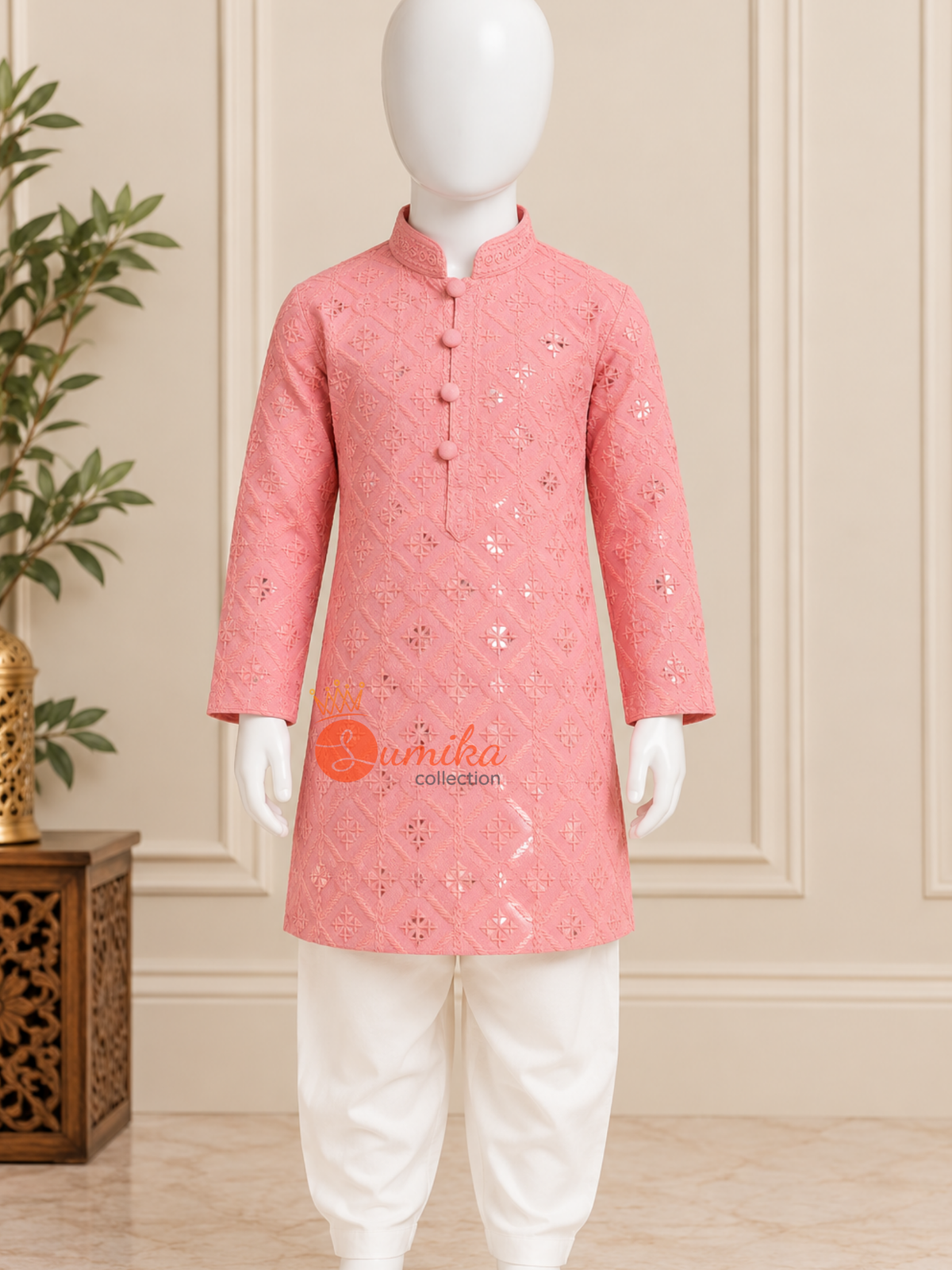 Peach Chikankari Kurta Set for boys