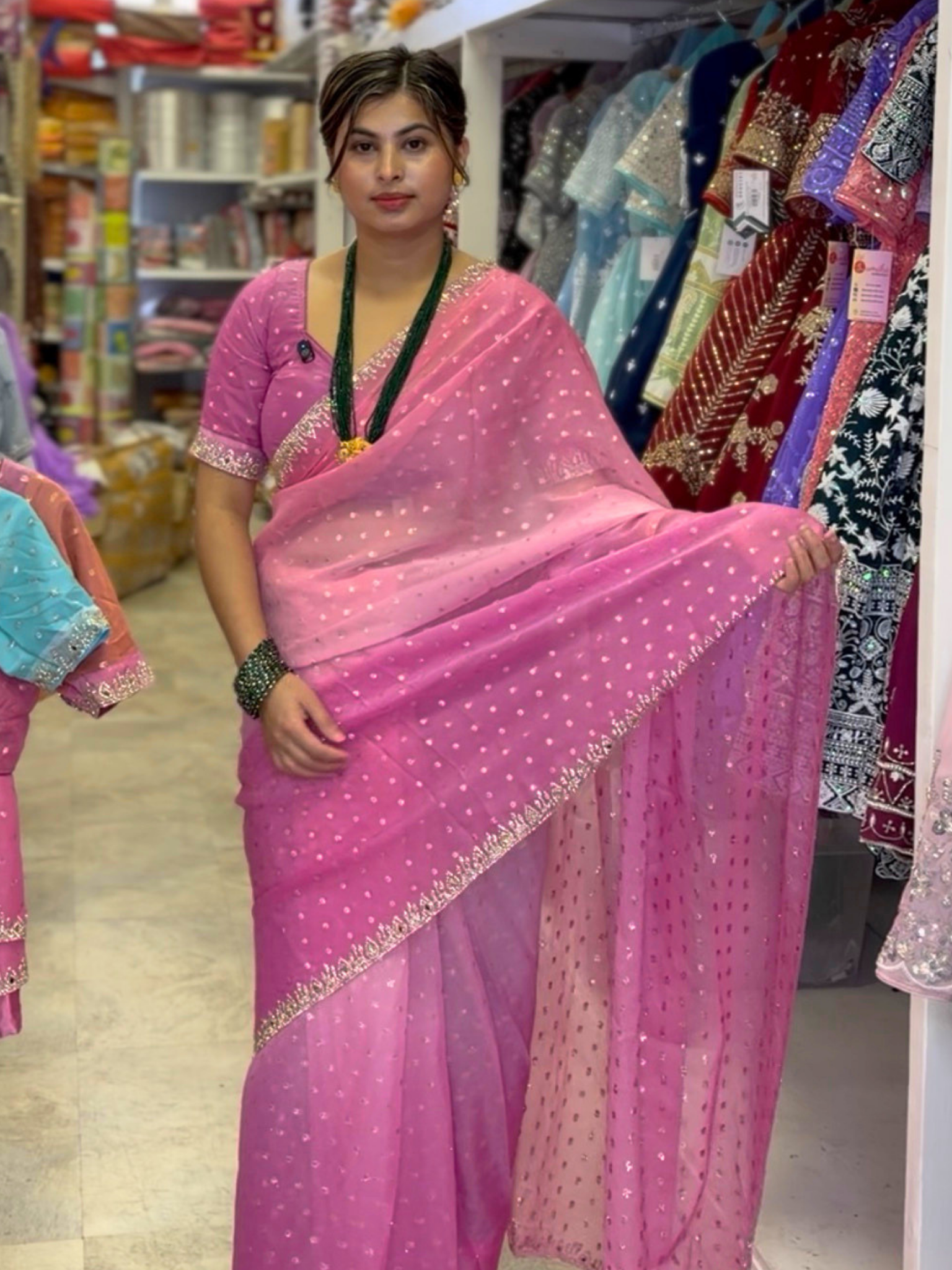 Pink Ombre Ready-to-Wear Georgette Saree with Sequin Work and Falls Pico Done | Sumika Collection USA