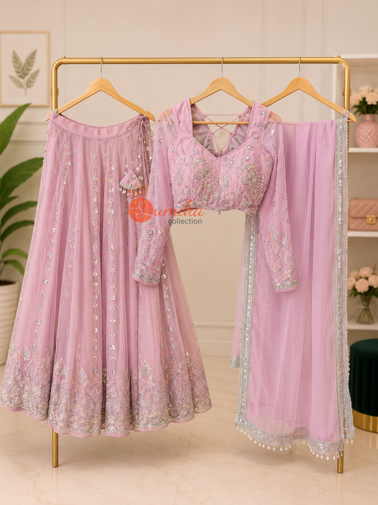 Dusty Pink Sleeveless Embroidered Georgette Lehenga Set with Dupatta | Indian Clothing in Ohio