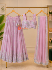 Dusty Pink Sleeveless Embroidered Georgette Lehenga Set with Dupatta | Nepali Clothing USA