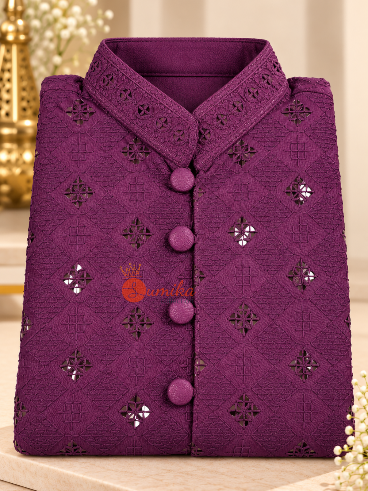 Premium Dark Purple Chikankari Kurta Set for Boys with White Pant