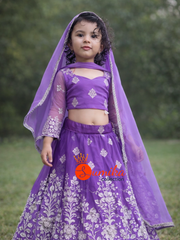 Purple kids lehenga set with embroidered blouse, can-can skirt and dupatta by Sumika Collection USA