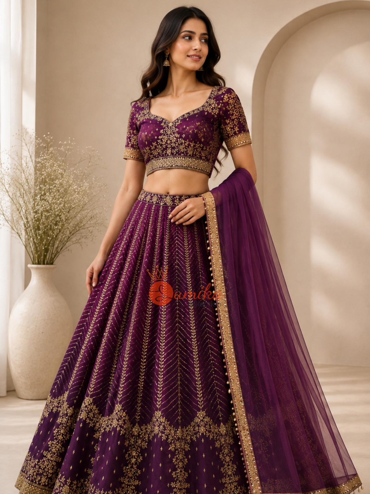 Plum purple Indian wedding lehenga set with gold embroidery, short-sleeve blouse, and matching net dupatta from Sumika Collection