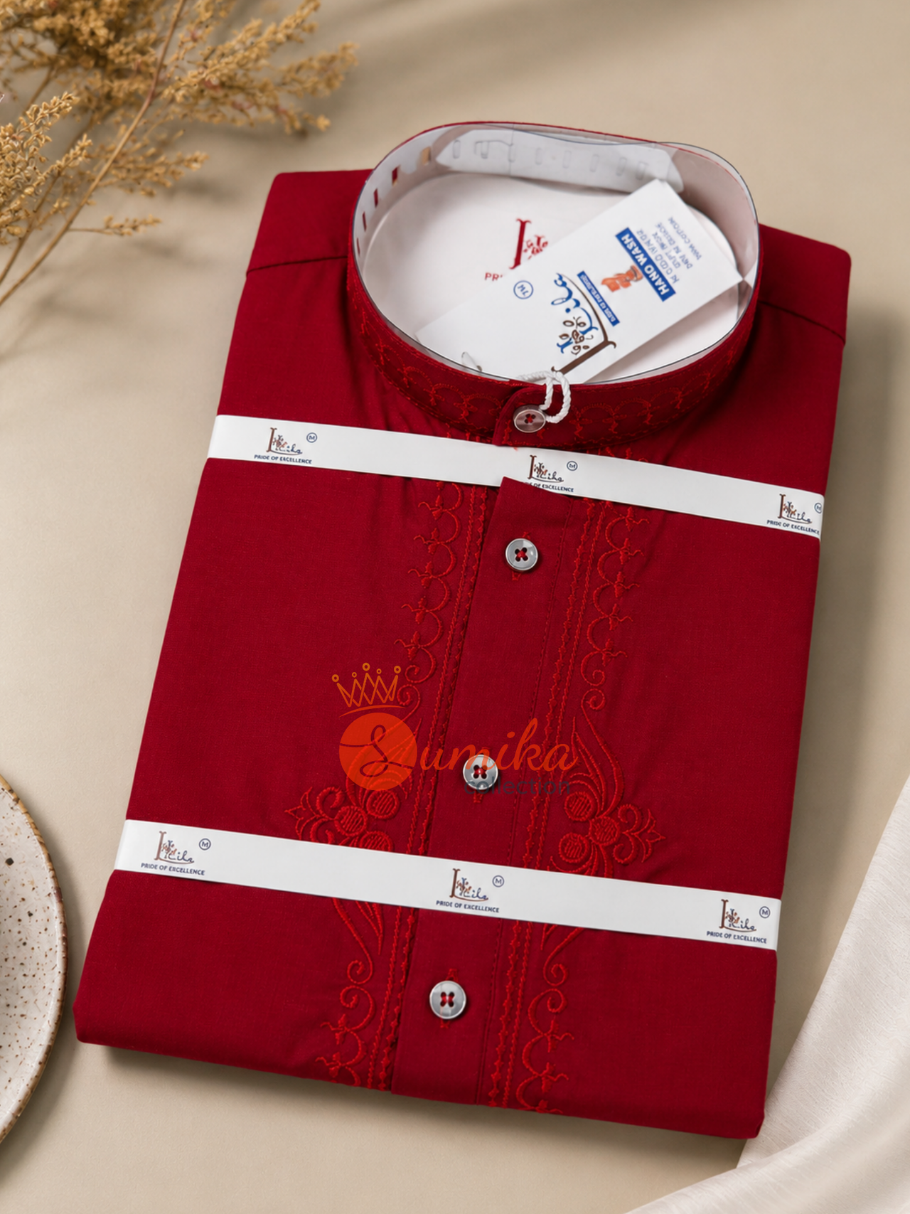Red Embroidered Cotton Kurta for Men