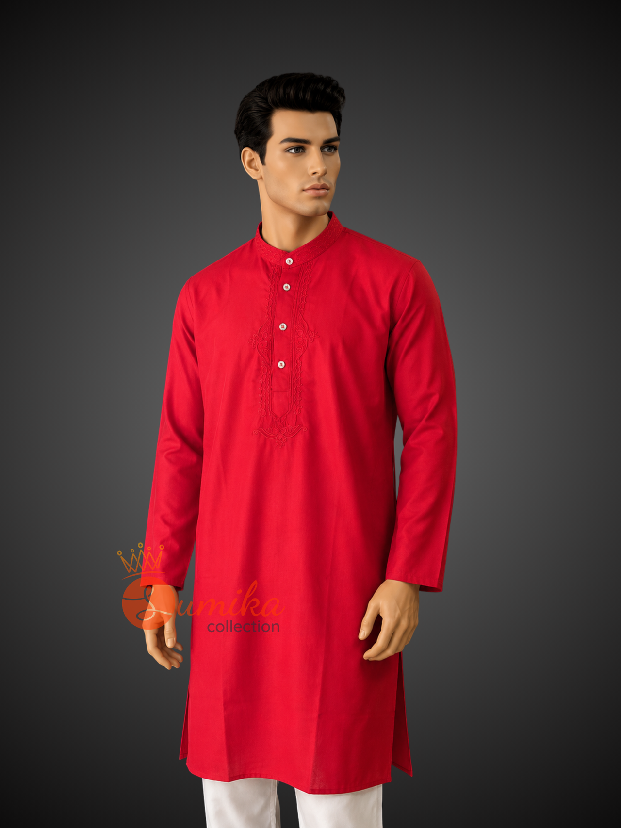 Red Embroidered Cotton Kurta for Men