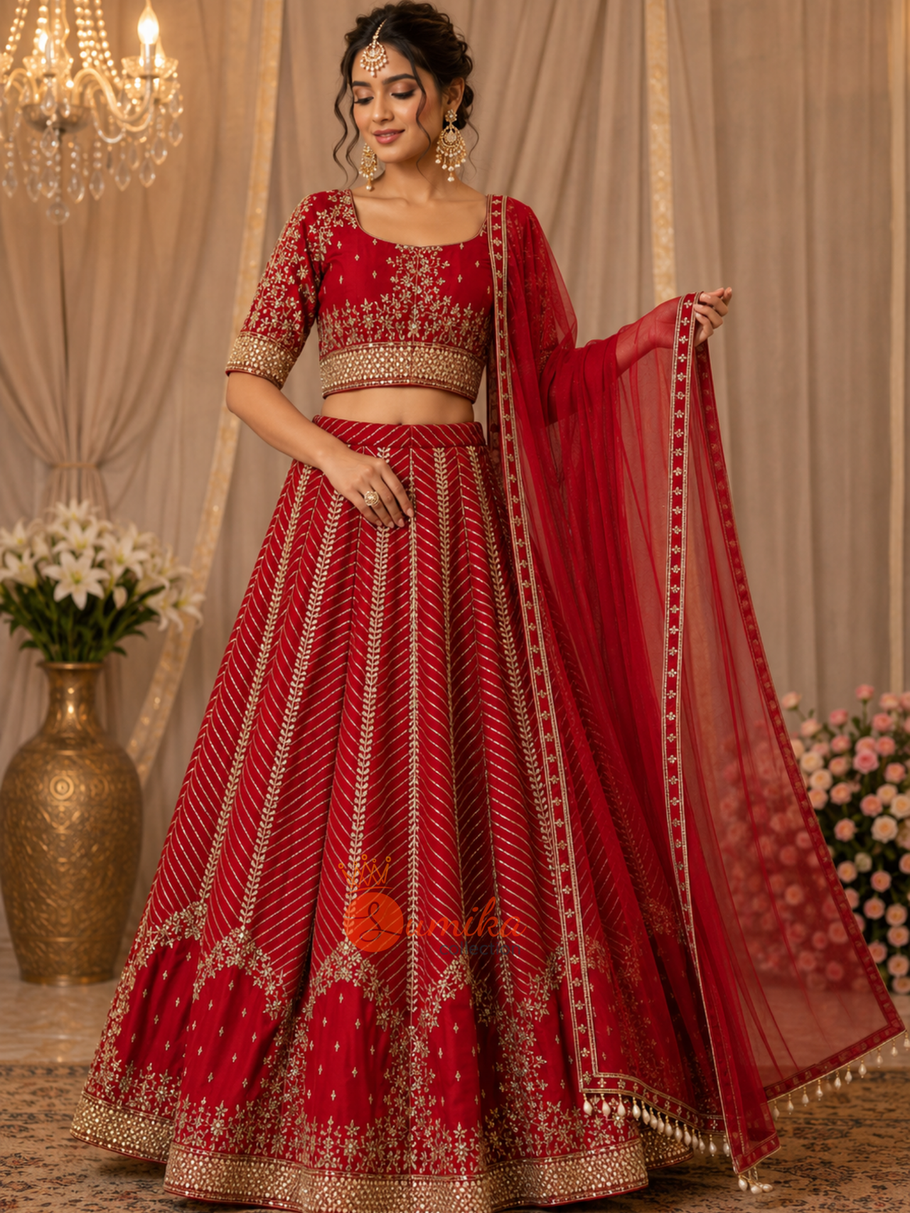 Red Indian lehenga set with gold sequin embroidery, stitched blouse and matching net dupatta from Sumika Collection