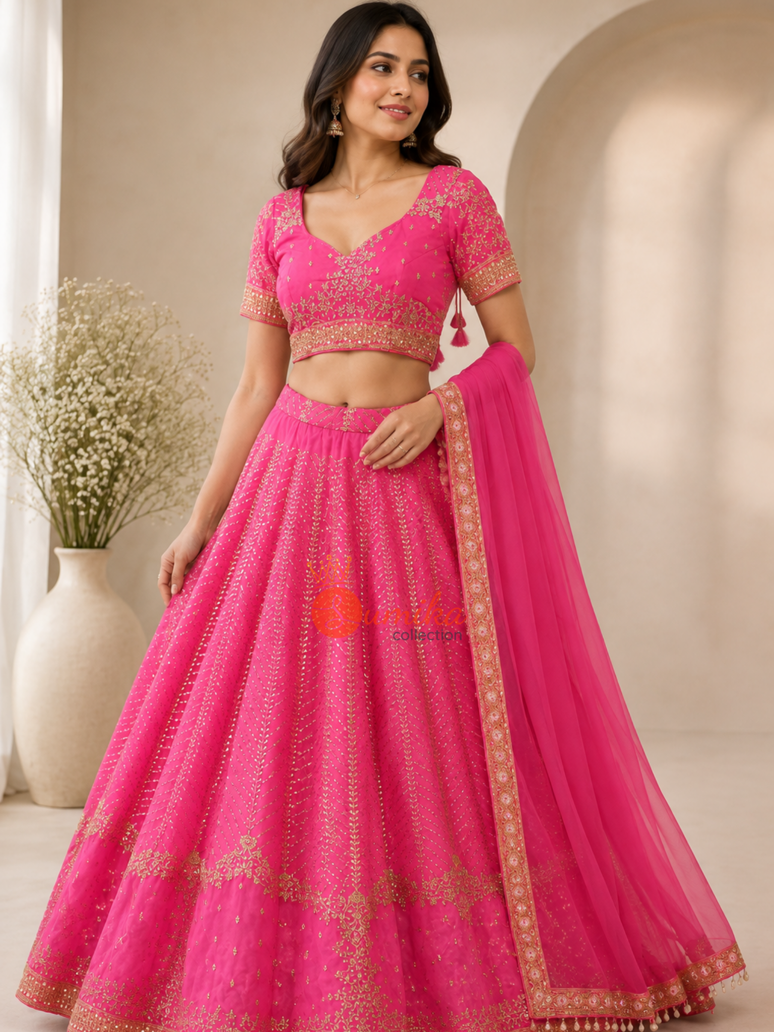 Rose pink Indian lehenga set with gold embroidery, short-sleeve blouse, and matching net dupatta from Sumika Collection