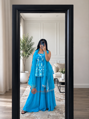 Turquoise Blue Embroidered Sharara Set with Dupatta | Nepali Clothing USA | Indian Ethnic Wear | Sumika Collection