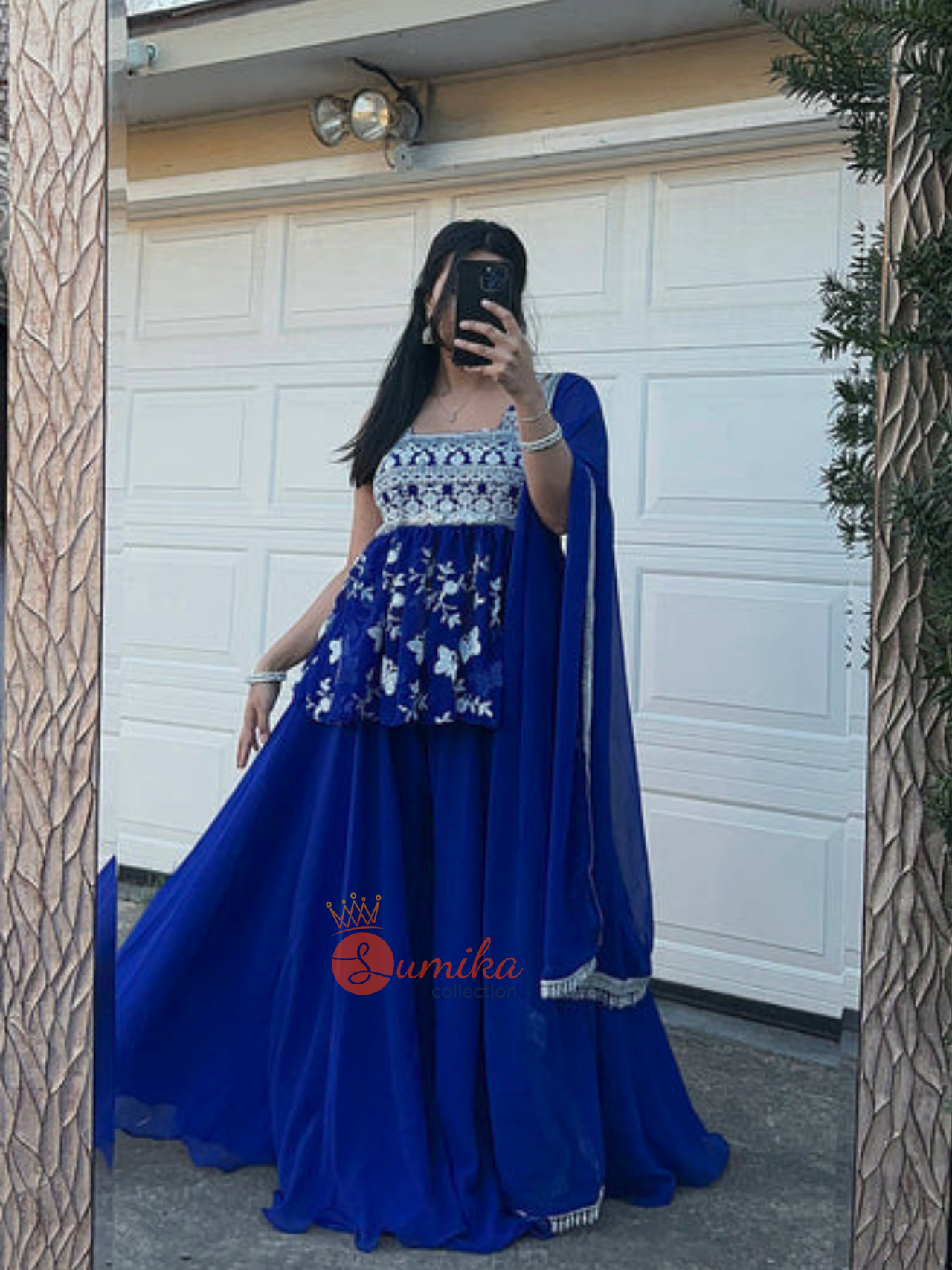 Midnight Blue Three Piece Sharara Set with Embroidered Peplum Top and Dupatta | Nepali & Indian Clothing Store USA
