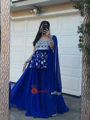 Midnight Blue Three Piece Sharara Set with Embroidered Peplum Top and Dupatta | Nepali & Indian Clothing Store USA