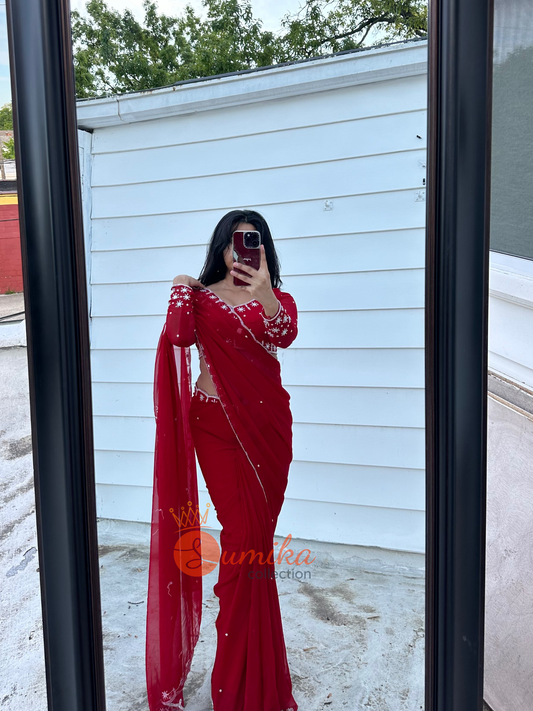 Heavy Handwork Ready to wear Red Saree set ( 3pcs )