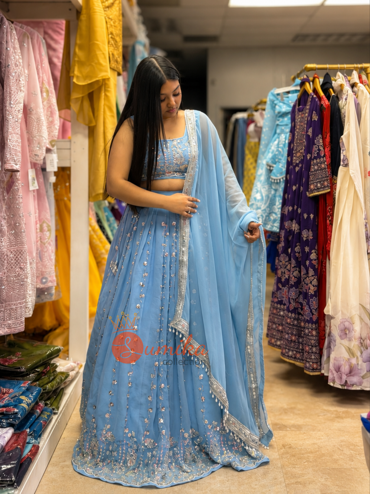 Sky Blue Hand Embroidered Lehenga Set