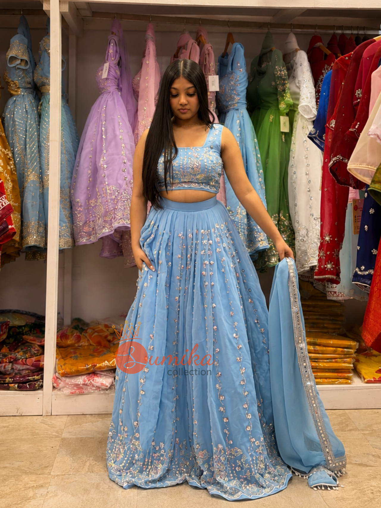 Sky Blue Hand Embroidered Lehenga Set