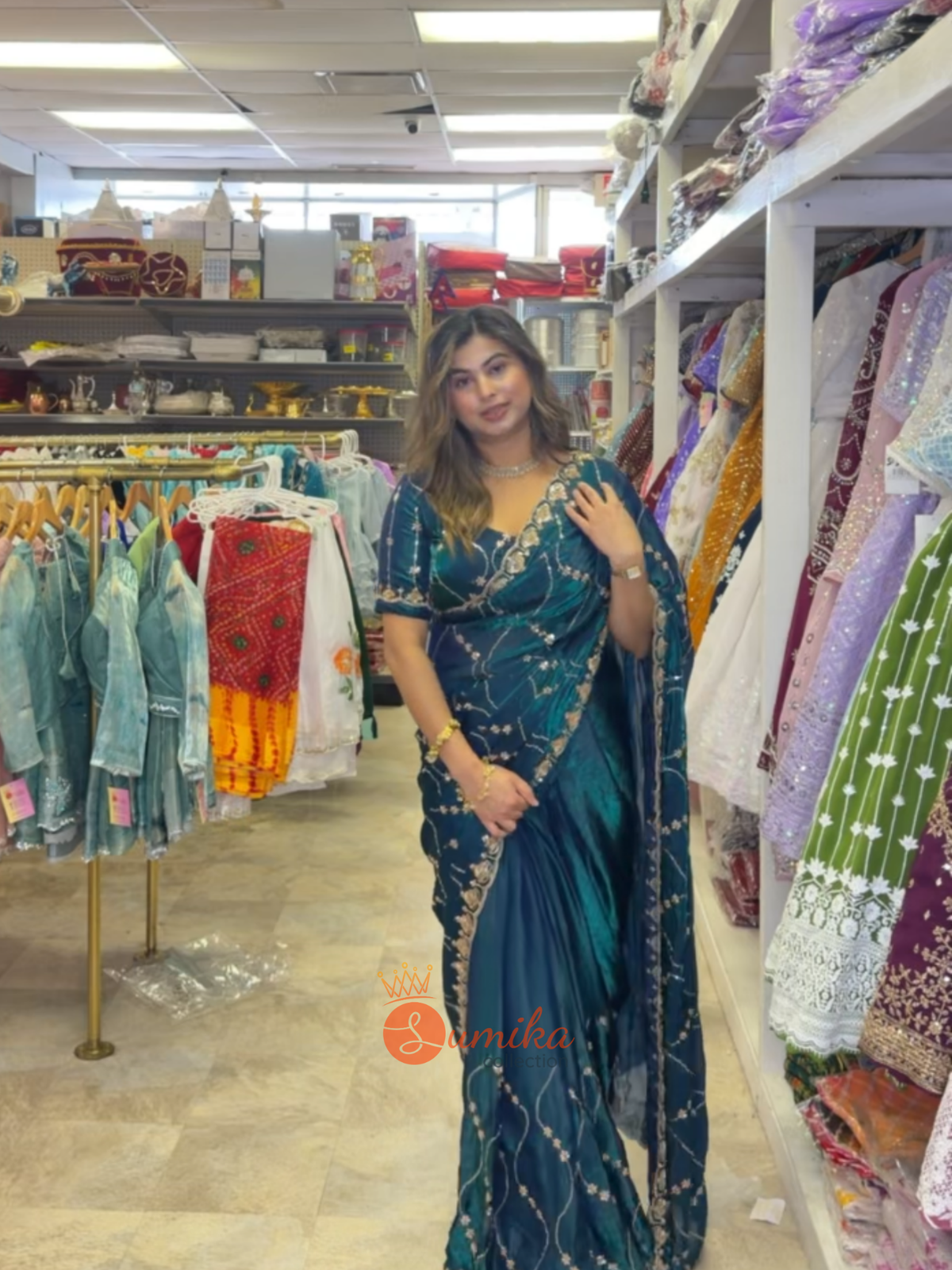 Deep Teal Ready-to-Wear Embroidered Saree Set