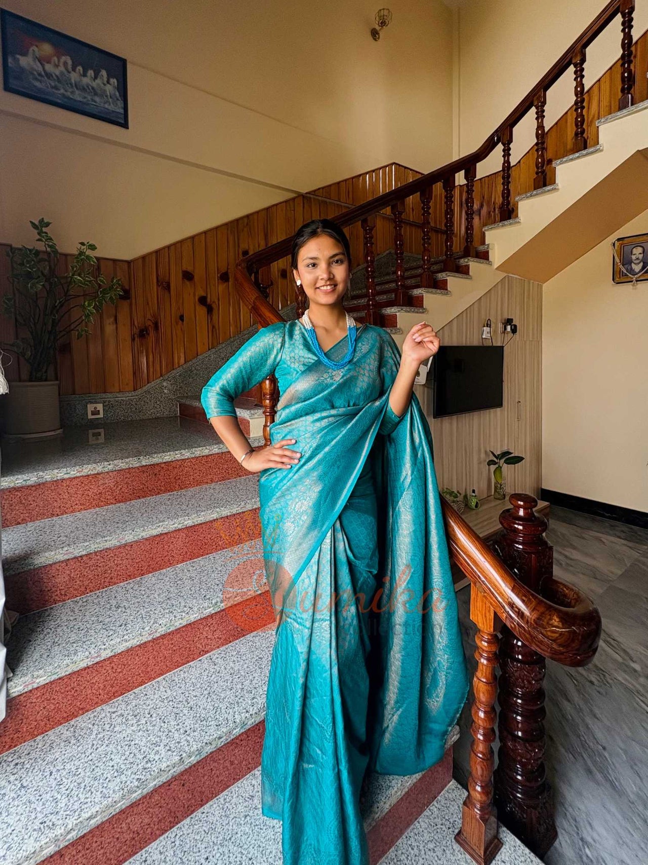 Teal Blue Kanjivaram Saree set