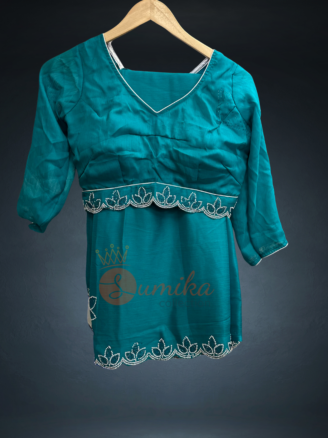 Teal Green Saree Set with Embroidered Blouse (Falls & Pico Done)