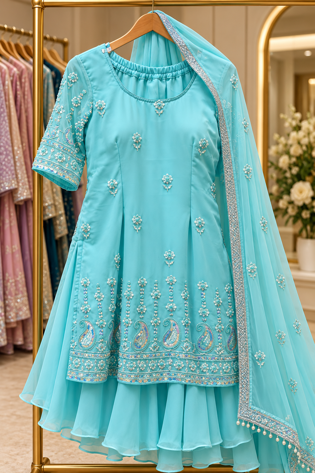 Sky Blue Embroidered Sharara Set