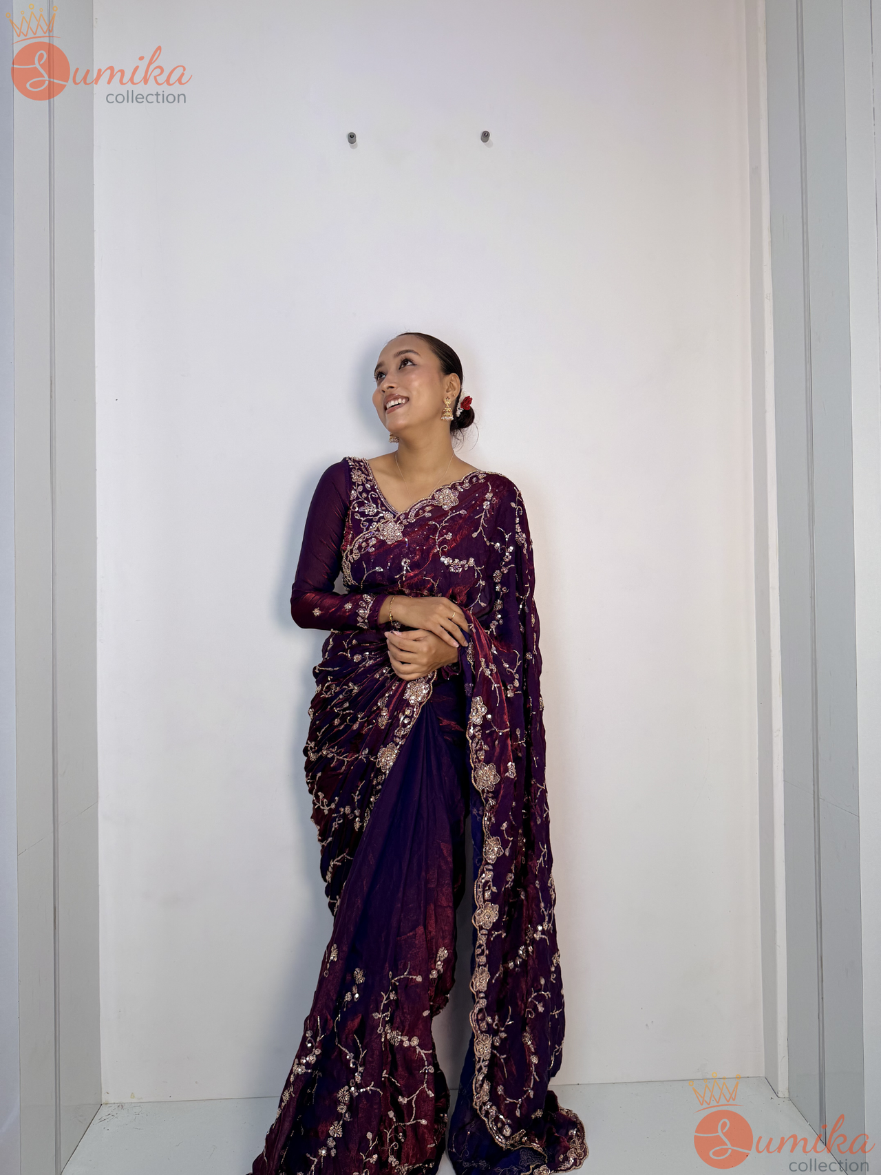 Deep Purple Embroidered Saree Set