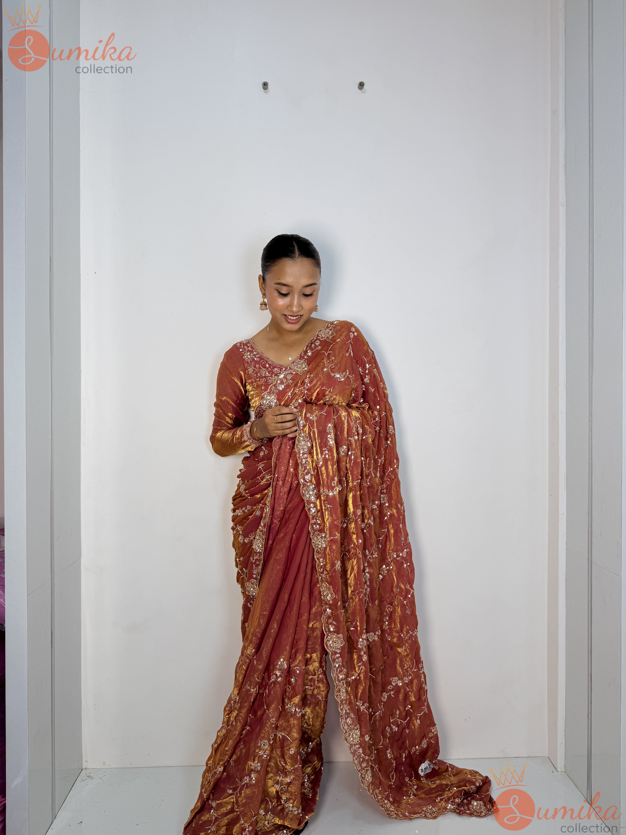 Dusty Peach Embroidery Saree Set