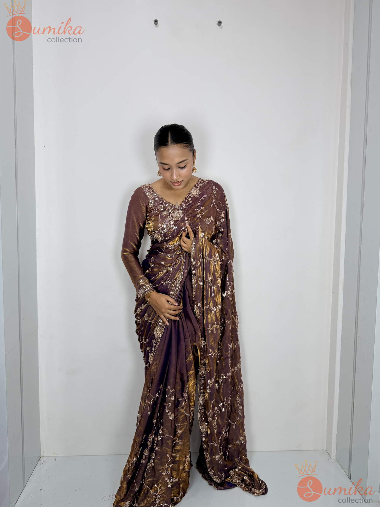 Chocolate Brown Embroidery Saree Set