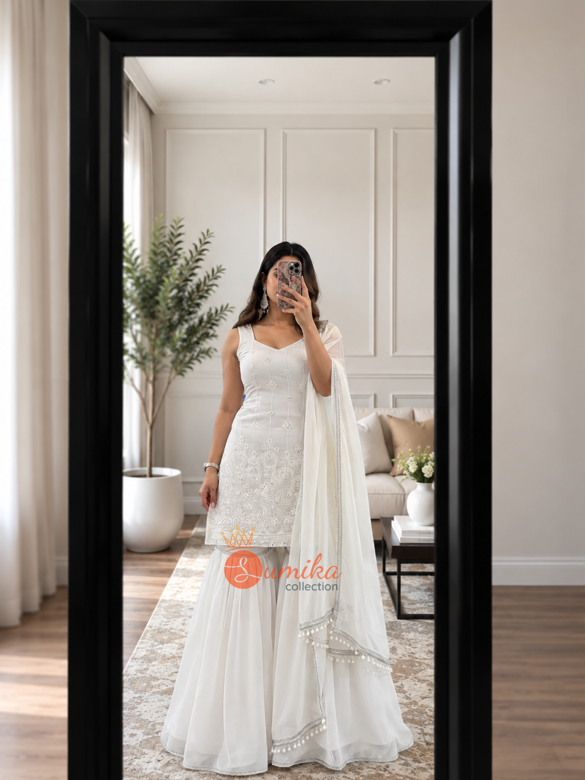 WHITE THREE PIECE GHARARA SET