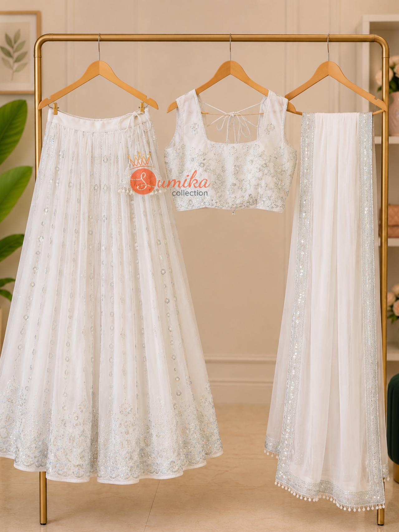 White Indian lehenga set with silver embroidery, sleeveless blouse, and matching dupatta from Sumika Collection