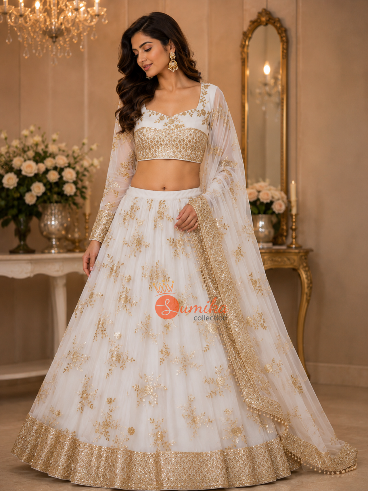 White georgette Indian lehenga set with silver embroidery, stitched blouse and matching dupatta from Sumika Collection
