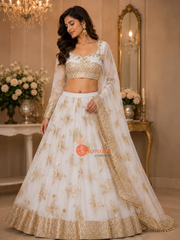 White georgette Indian lehenga set with silver embroidery, stitched blouse and matching dupatta from Sumika Collection