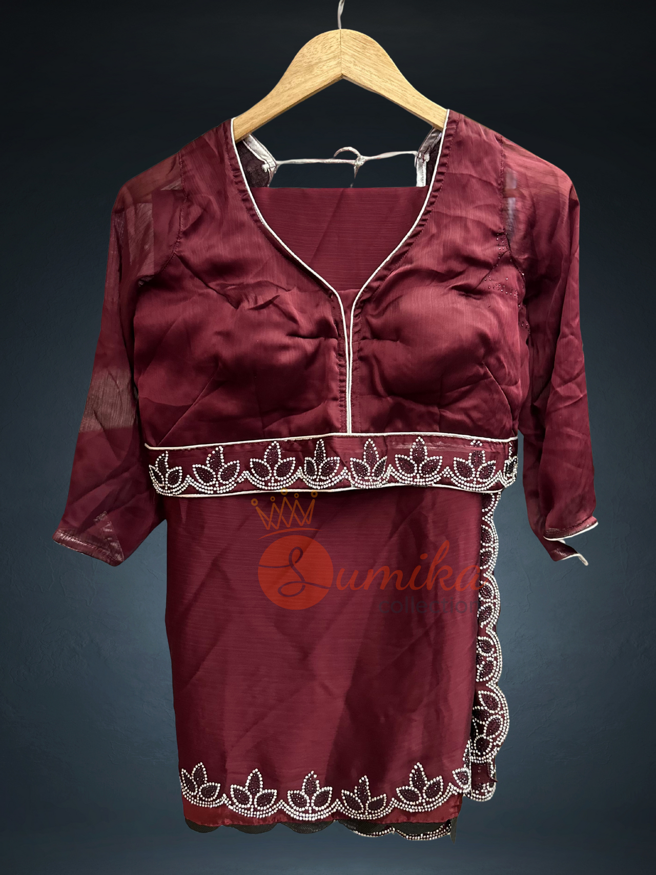 Wine Saree Set with Embroidered Blouse (Falls & Pico Done)