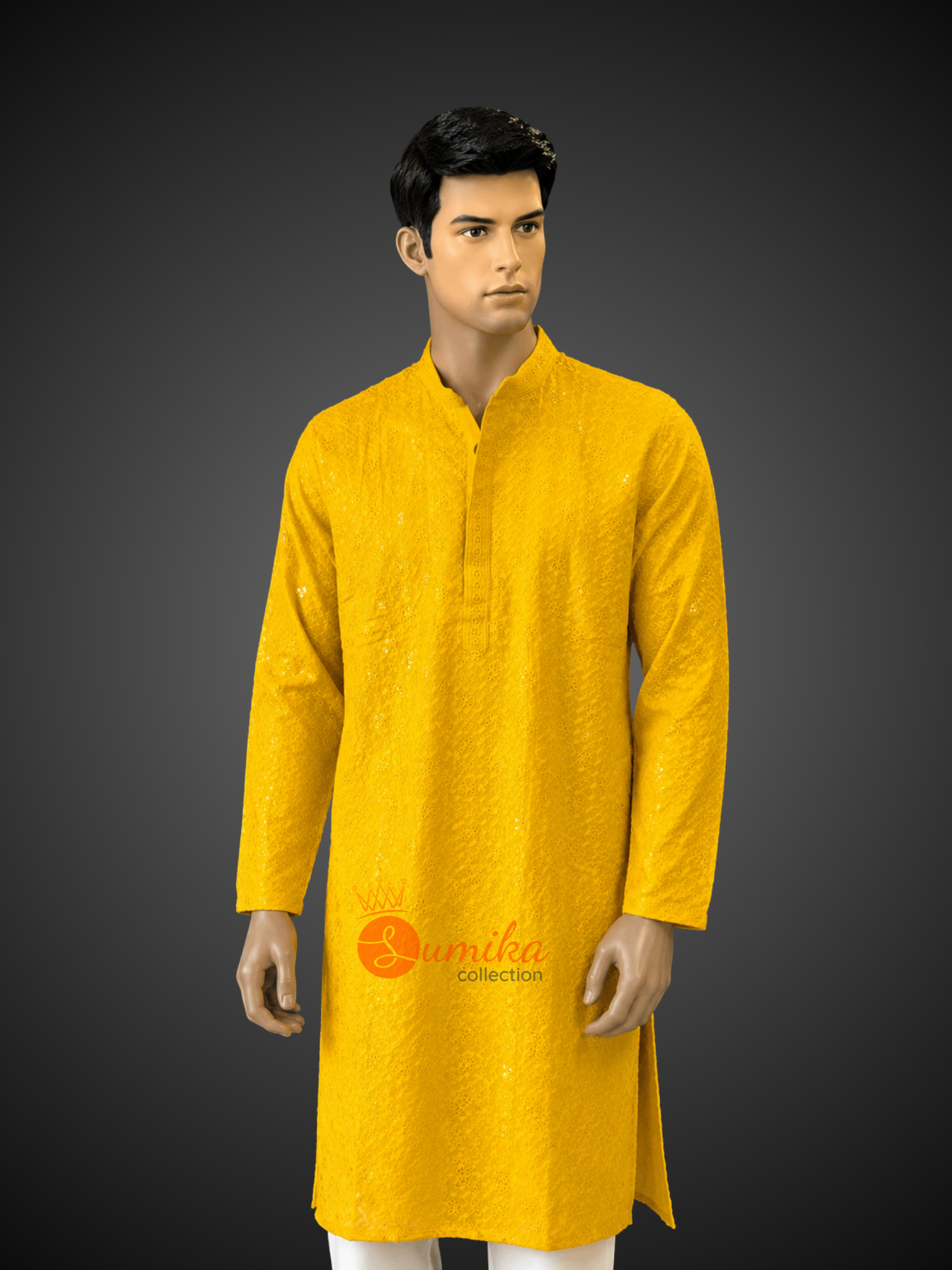 Men's yellow Chikankari embroidered kurta set with matching pajama for Haldi ceremony, weddings, and festive occasions.