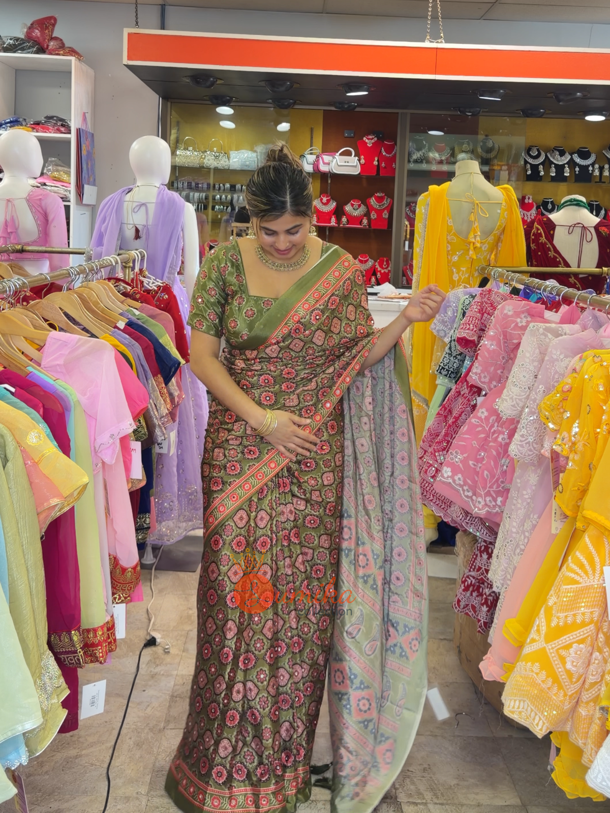 Ajrakh Saree with Mirror Work