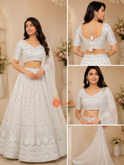 Cream georgette Indian lehenga set with embroidered blouse and matching dupatta from Sumika Collection