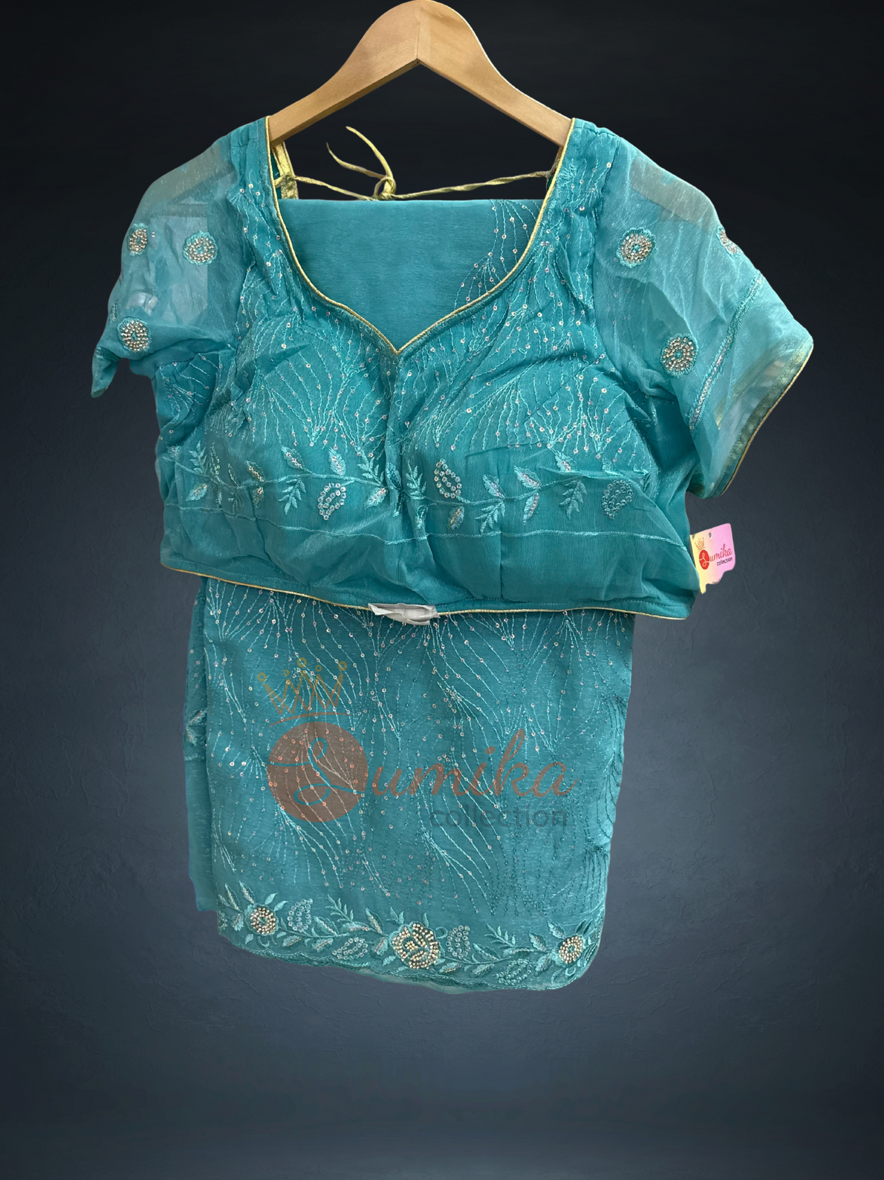 Turquoise Blue Embroidered saree set