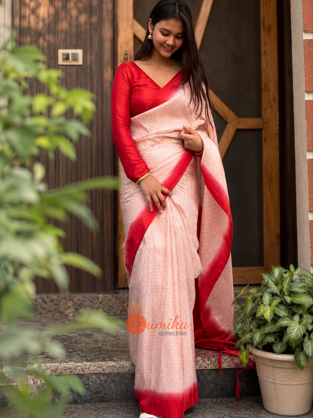 Vermilion Ombre Kanjivaram Saree set
