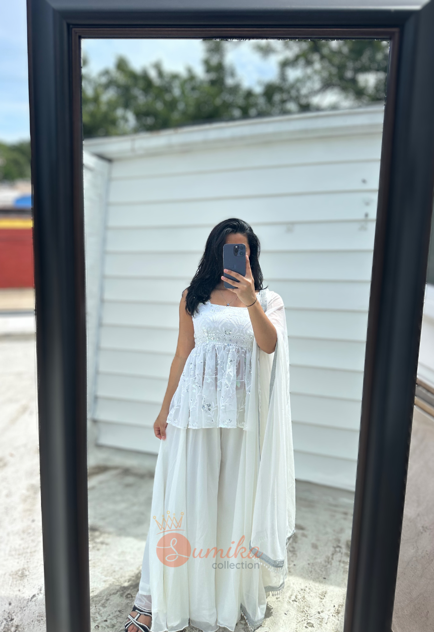 WHITE CREAM THREE PIECE SHARARA KURTHI